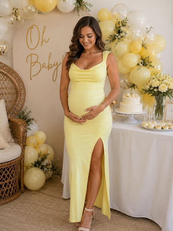 Elegant Bodycon Side Slit Backless Lace-up Baby Shower Maternity Maxi Dress for Maternity