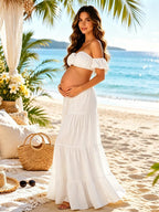 Chic Vacation Two Piece 3d Flower Off Shoulder Drawstring Flowy Beach Photoshoot Maternity Maxi Dress for Maternity