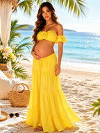 Chic Vacation Two Piece 3d Flower Off Shoulder Drawstring Flowy Beach Photoshoot Maternity Maxi Dress for Maternity