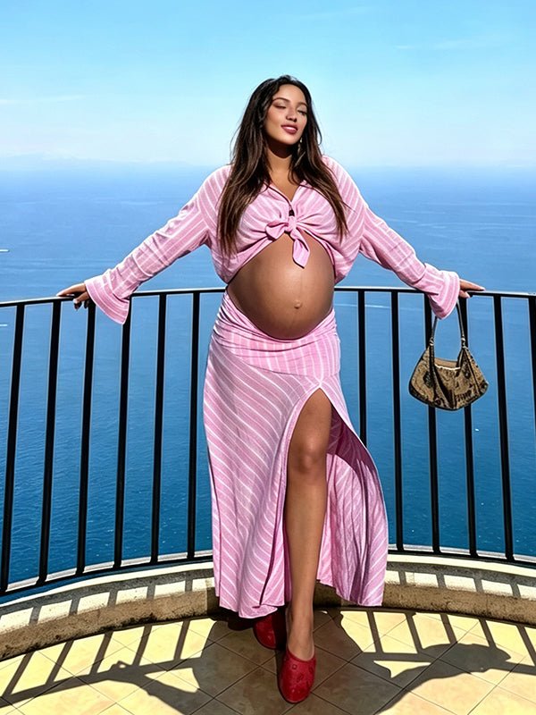 Chic Pink Daily 2 Piece Set Striped Side Slit Single Breasted Vacation Maternity Blous Maxi Dress for Maternity