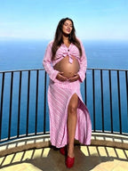 Chic Pink Daily 2 Piece Set Striped Side Slit Single Breasted Vacation Maternity Blous Maxi Dress for Maternity