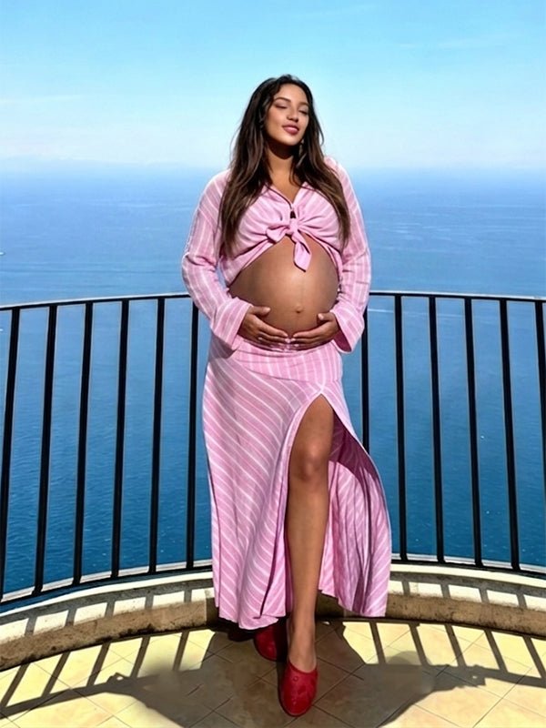 Chic Pink Daily 2 Piece Set Striped Side Slit Single Breasted Vacation Maternity Blous Maxi Dress for Maternity