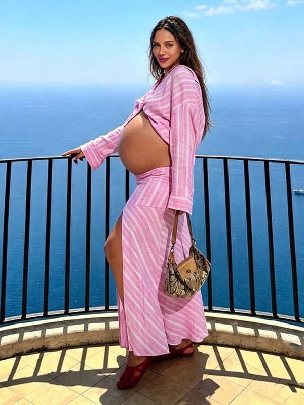 Chic Pink Daily 2 Piece Set Striped Side Slit Single Breasted Vacation Maternity Blous Maxi Dress for Maternity