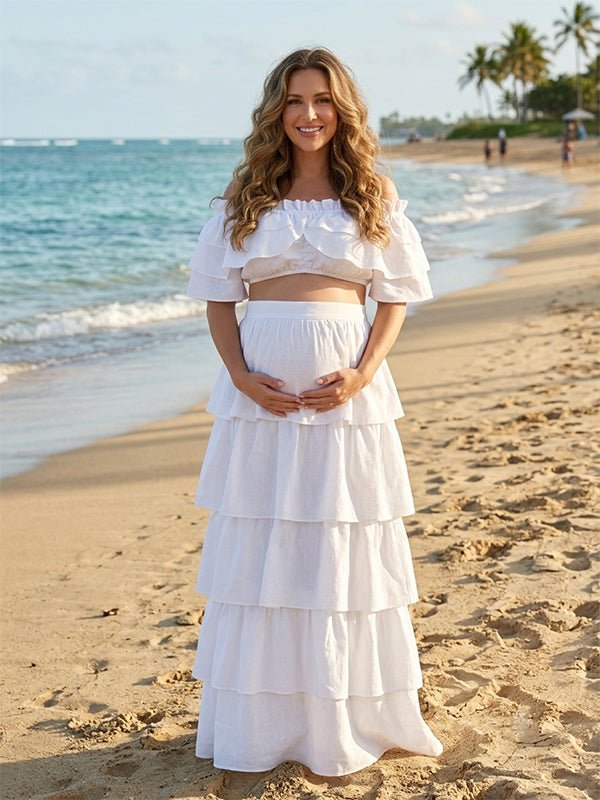 Chic Photoshoot Two Piece Layers Of Falbala Off Shoulder Vacation Maternity Maxi Dress for Maternity