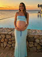 Chic Daily Blue Two Piece Bodycon Color Blocking Outline Spaghetti Strap Vacation Maternity Maxi Dress for Maternity