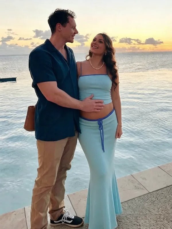 Chic Daily Blue Two Piece Bodycon Color Blocking Outline Spaghetti Strap Vacation Maternity Maxi Dress for Maternity