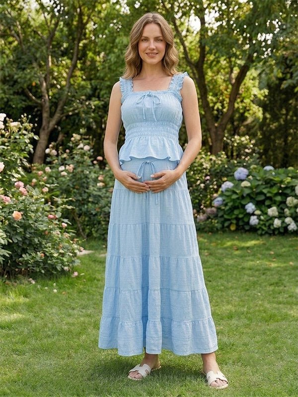Chic Daily Two Piece Falbala Shirring Bowknot Peplum Vacation Maternity Maxi Dress for Maternity