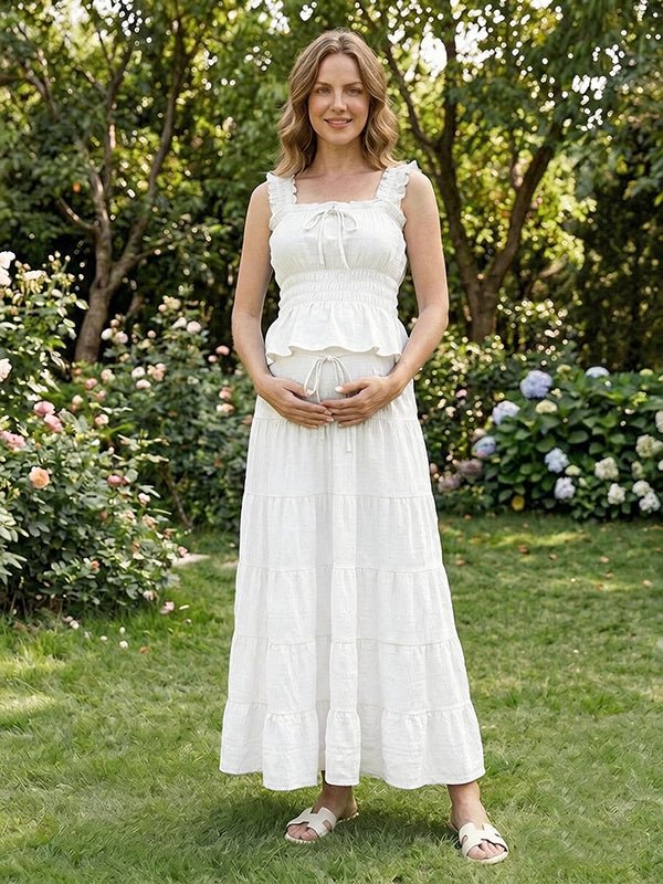 Chic Daily Two Piece Falbala Shirring Bowknot Peplum Vacation Maternity Maxi Dress for Maternity