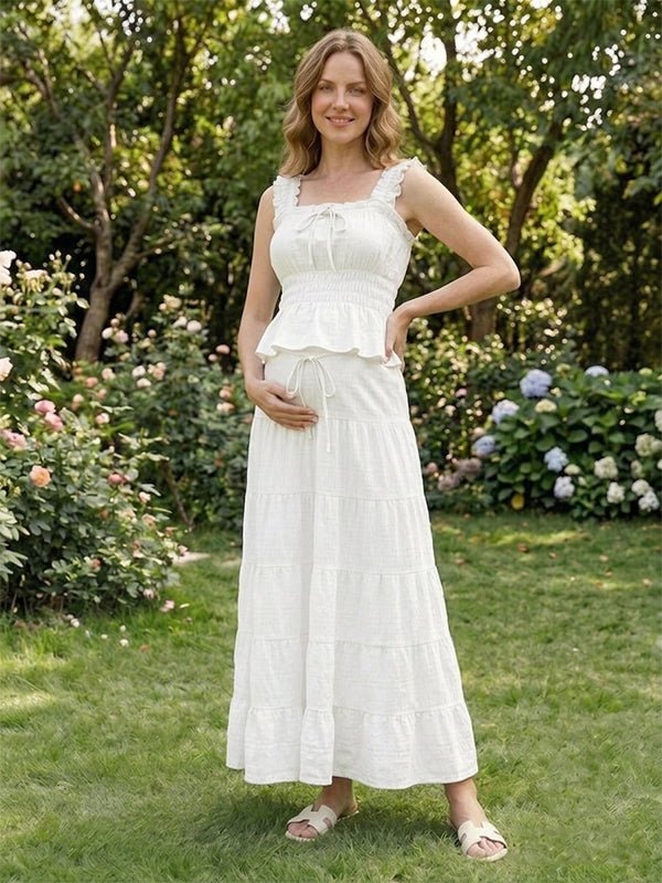 Chic Daily Two Piece Falbala Shirring Bowknot Peplum Vacation Maternity Maxi Dress for Maternity