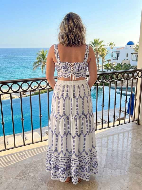 Chic Photoshoot Two Piece Tie Back Wavy Edge Tribal Floral Vacation Maternity Maxi Dress for Maternity