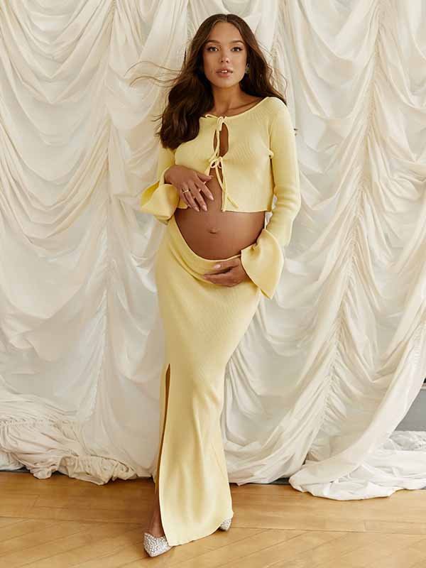 Chic Baby Shower Two Piece Crochet Side Slit Lace Up Photoshoot Maternity Maxi Dress for Maternity