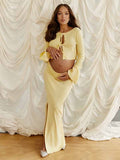 Chic Baby Shower Two Piece Crochet Side Slit Lace Up Photoshoot Maternity Maxi Dress for Maternity