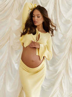 Chic Baby Shower Two Piece Crochet Side Slit Lace Up Photoshoot Maternity Maxi Dress for Maternity