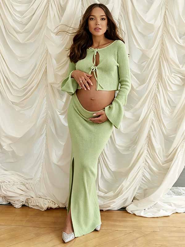 Chic Baby Shower Two Piece Crochet Side Slit Lace Up Photoshoot Maternity Maxi Dress for Maternity