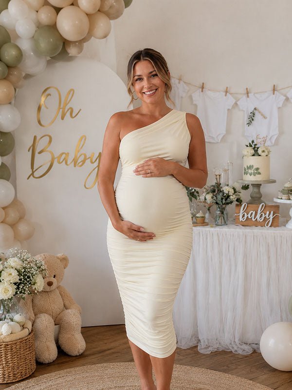 Elegant Ruched Oblique Shoulder Bodycon Baby Shower Maternity Madi Dress for Maternity