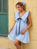 Cute Blue Falbala Bowknot Backless Striped Vacation Maternity Mini Dress for Maternity