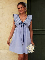 Cute Blue Falbala Bowknot Backless Striped Vacation Maternity Mini Dress for Maternity