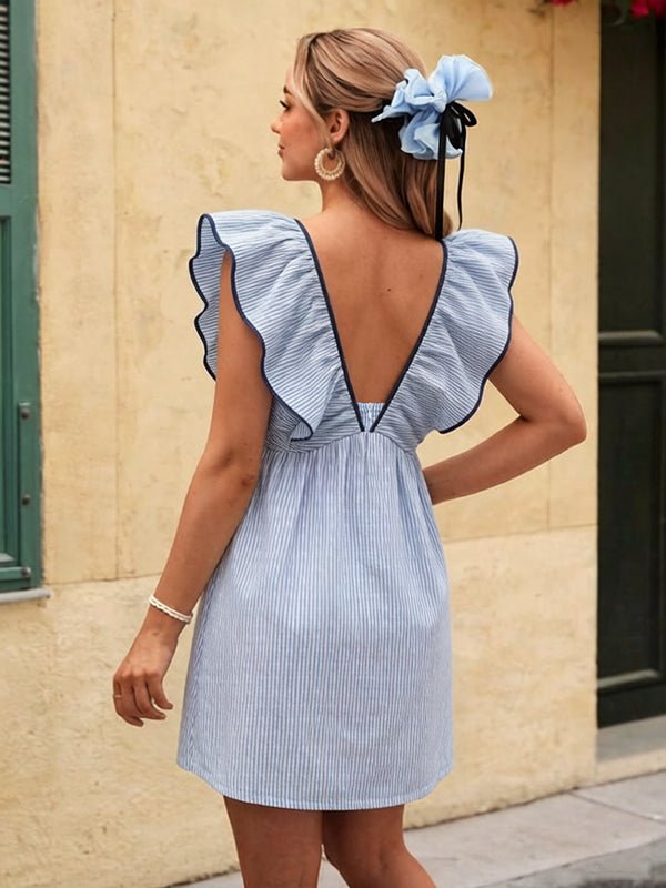Cute Blue Falbala Bowknot Backless Striped Vacation Maternity Mini Dress for Maternity