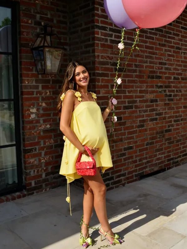 Sweet Yellow 3d Flowers Backless Irregular Baby Shower Maternity Mini Dress for Maternity