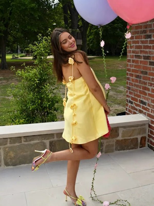 Sweet Yellow 3d Flowers Backless Irregular Baby Shower Maternity Mini Dress for Maternity
