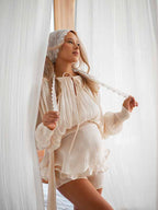 Chic Apricot Babyshower Falbala Belt Side Draped Ruched Two Piece Photoshoot Maternity Mini Dress Short for Maternity