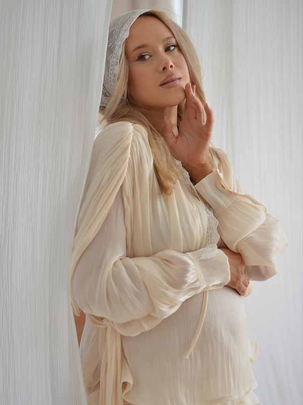 Chic Apricot Babyshower Falbala Belt Side Draped Ruched Two Piece Photoshoot Maternity Mini Dress Short for Maternity