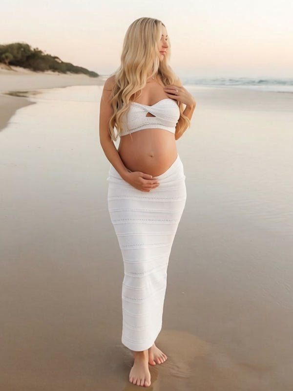 Chic White Crochet Hollow Out Two Piece Bandeau Photoshoot Maternity Maxi Dress for Maternity