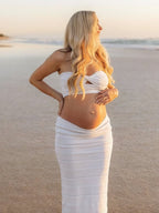 Chic White Crochet Hollow Out Two Piece Bandeau Photoshoot Maternity Maxi Dress for Maternity