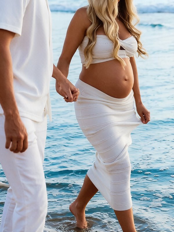 Chic White Crochet Hollow Out Two Piece Bandeau Photoshoot Maternity Maxi Dress for Maternity