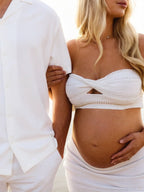 Chic White Crochet Hollow Out Two Piece Bandeau Photoshoot Maternity Maxi Dress for Maternity