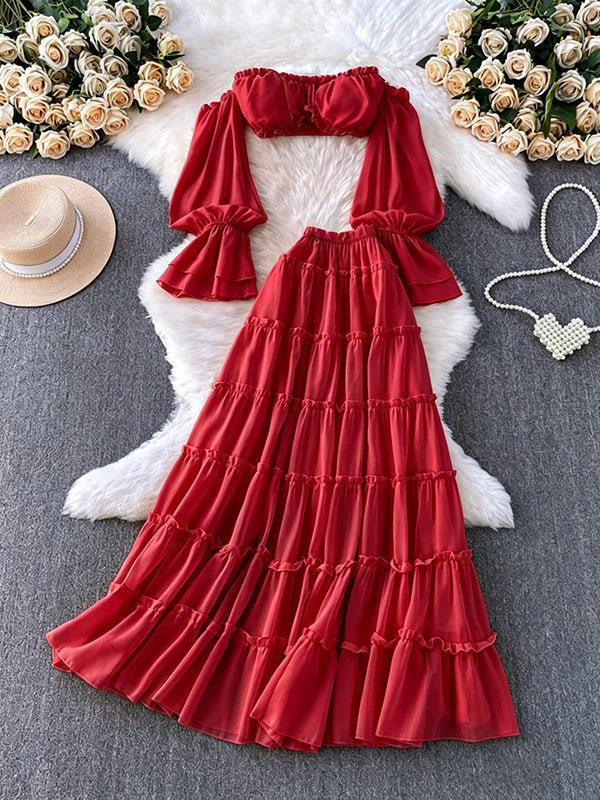 Elegant Red Ruffle Off Shoulder Flowy Falbala Two Piece Photoshoot Maternity Maxi Dress for Maternity