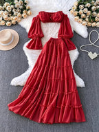 Elegant Red Ruffle Off Shoulder Flowy Falbala Two Piece Photoshoot Maternity Maxi Dress for Maternity