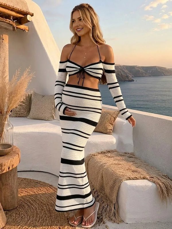 White Chic Striped Crochet Halter Neck Lace Up Two Piece Maternity Maxi Dress for Maternity