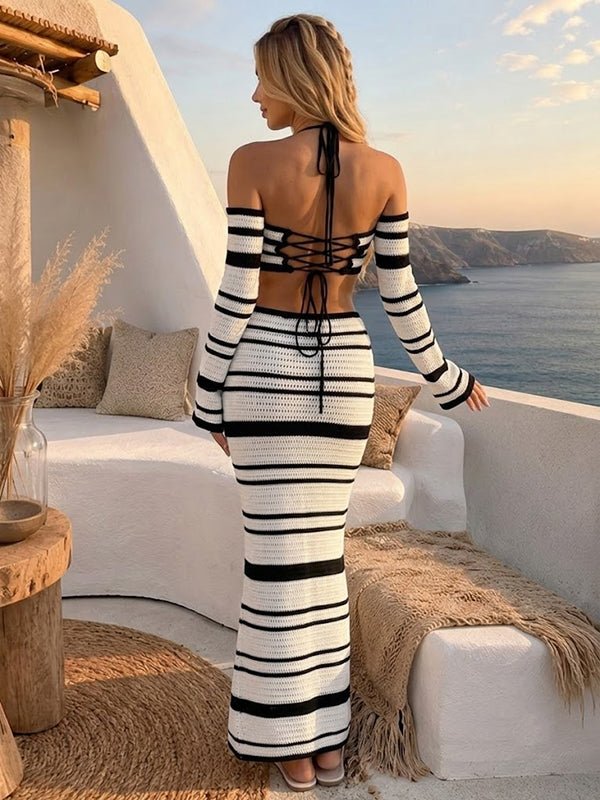 White Chic Striped Crochet Halter Neck Lace Up Two Piece Maternity Maxi Dress for Maternity