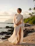 White Chic Transparent Slit Two Piece Maternity Photoshoot Maxi Dress for Maternity
