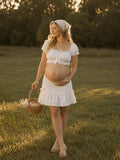 White Cute Bow Falbala Off Shoulder Two Piece Maternity Photoshoot Maxi Dress for Maternity