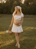 White Cute Bow Falbala Off Shoulder Two Piece Maternity Photoshoot Maxi Dress for Maternity