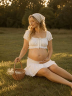 White Cute Bow Falbala Off Shoulder Two Piece Maternity Photoshoot Maxi Dress for Maternity