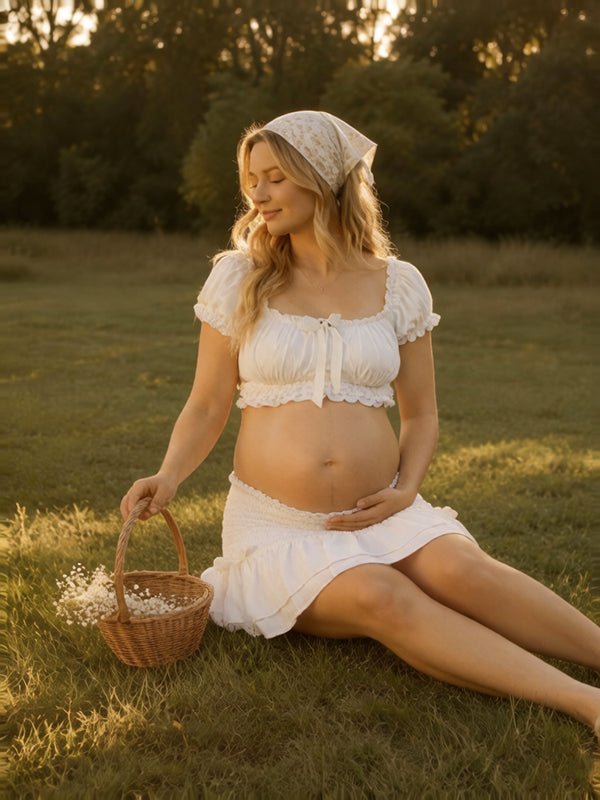 White Cute Bow Falbala Off Shoulder Two Piece Maternity Photoshoot Maxi Dress for Maternity