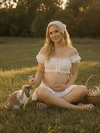 White Cute Bow Falbala Off Shoulder Two Piece Maternity Photoshoot Maxi Dress for Maternity