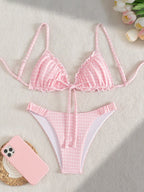 Chic Pink Plaid Bowknot Falbala Spaghetti Straps Backless Two Piece Vacation Bikinis Maternity Swimwear for Maternity