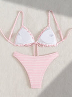 Chic Pink Plaid Bowknot Falbala Spaghetti Straps Backless Two Piece Vacation Bikinis Maternity Swimwear for Maternity