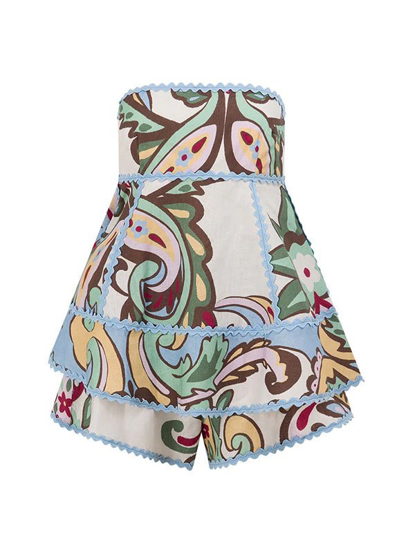 Chic White Graffiti Print Falbala Bandeau Two Piece Vacation Maternity Tank Tops Shorts for Maternity