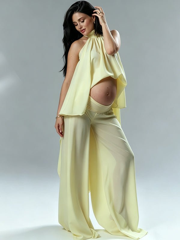 Chic Yellow Daily 2 Piece Set Irregular Flowy Halter Neck Vacation Photoshoot Maternity Tank Top Pant for Maternity