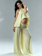Chic Yellow Daily 2 Piece Set Irregular Flowy Halter Neck Vacation Photoshoot Maternity Tank Top Pant for Maternity