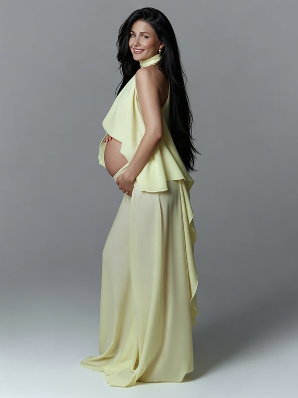 Chic Yellow Daily 2 Piece Set Irregular Flowy Halter Neck Vacation Photoshoot Maternity Tank Top Pant for Maternity