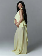 Chic Yellow Daily 2 Piece Set Irregular Flowy Halter Neck Vacation Photoshoot Maternity Tank Top Pant for Maternity