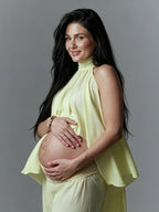 Chic Yellow Daily 2 Piece Set Irregular Flowy Halter Neck Vacation Photoshoot Maternity Tank Top Pant for Maternity