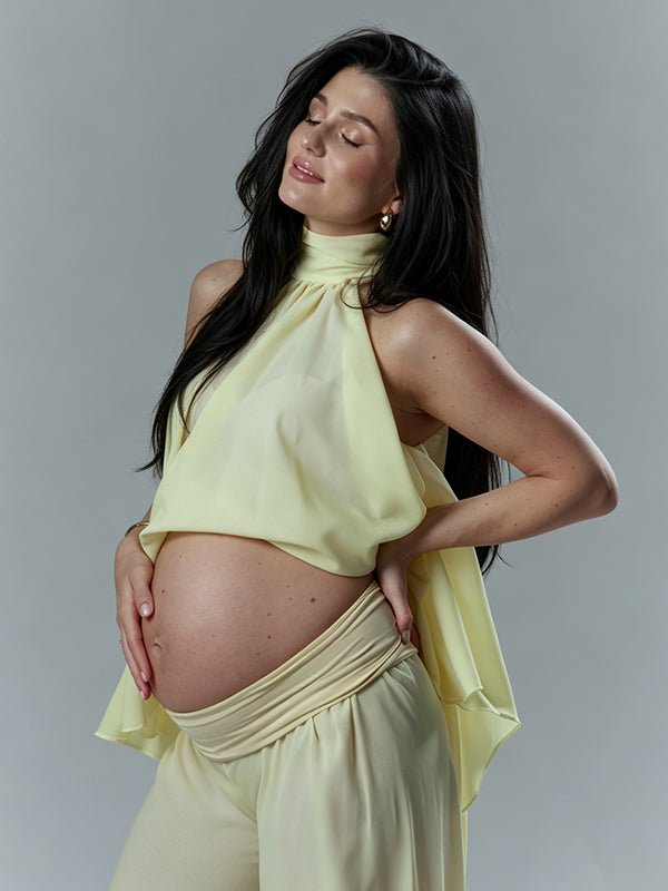 Chic Yellow Daily 2 Piece Set Irregular Flowy Halter Neck Vacation Photoshoot Maternity Tank Top Pant for Maternity