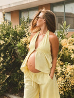 Chic Daily Drawstring Backless Side Slit Tie Back Two Piece Vacation Maternity Tank Top Pant for Maternity